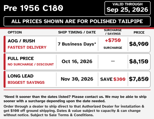 Pre-1956 Cessna 180 current lead times and pricing