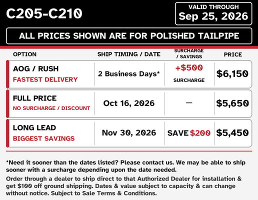 Cessna 205 206 207 and 210 current lead times and pricing